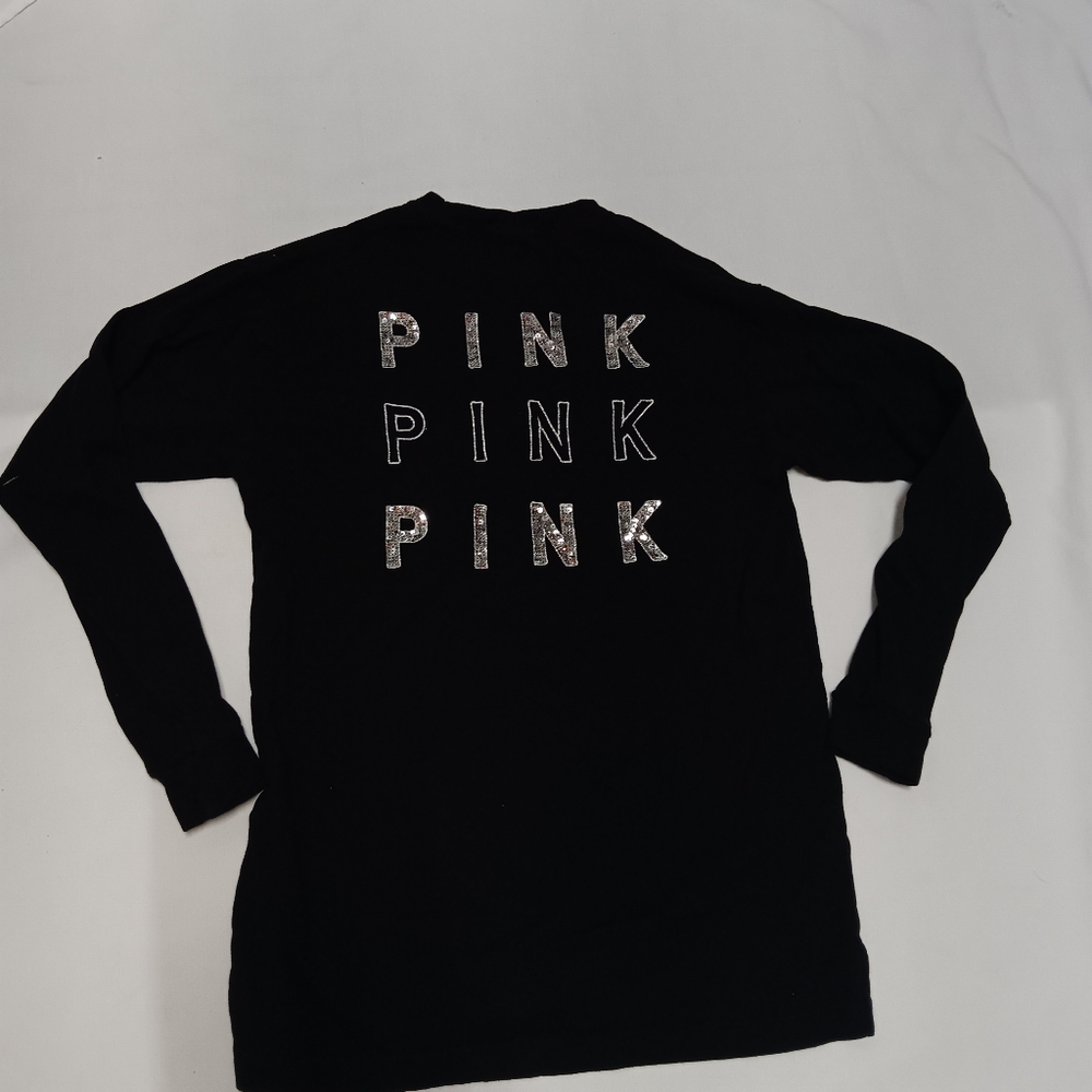 Black Long Sleeve Shirt with Silver Lettering victorias secret cotton fabric
